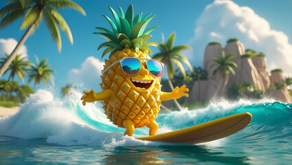 A cheerful pineapple character wearing sunglasses, surfing a wave on a sunny beach