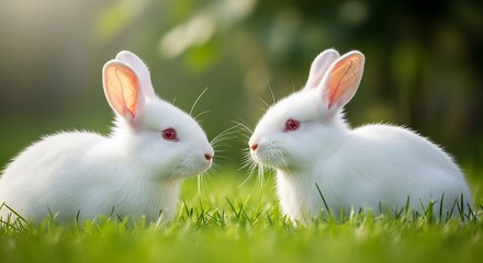 Two fluffy white rabbits with pink eyes sitting in green grass