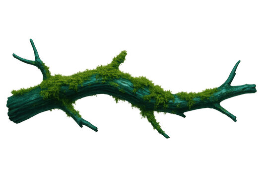 Green moss thrives on a fallen tree branch, isolated on a transparent background, ready for compositing