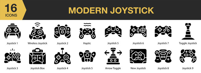 Modern Joystick solid icon set. Includes controller, modern, video, digital, device, and More. Solid icons vector collection. © spacepixel