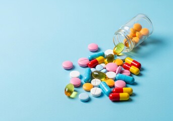 Colorful medicines spilling from bottle on blue backdrop