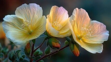 Fototapeta premium Close-up of three pale yellow flowers