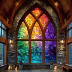 Fototapeta premium Rainbow stained glass window in a stone chapel