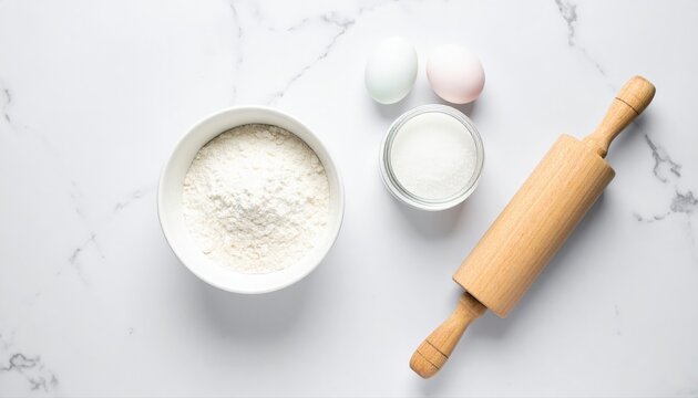 Minimalist flat lay of baking ingredients photo for cookbook blog post culinary and domestic style