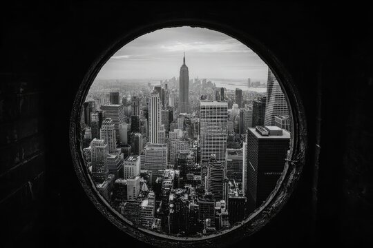 Fototapeta NYC skyline seen through a circular window