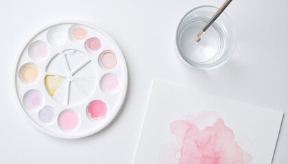 Minimalist flat lay of watercolor supplies for creative hobby blog post or artistic workshop promo
