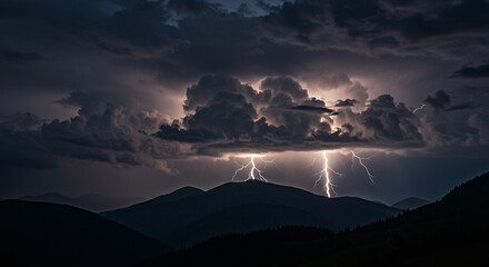 Stormy mountain sky with dramatic thunderclouds and lightning bolts