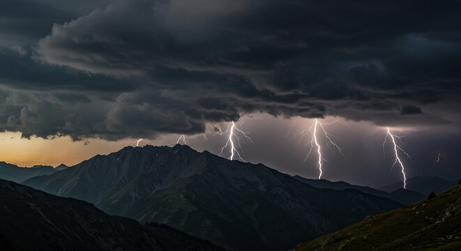 Stormy mountain sky with dramatic thunderclouds and lightning bolts - Powered by Adobe