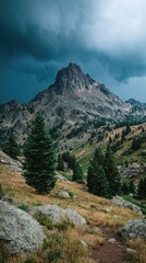 Rocky mountain vista under stormy sky