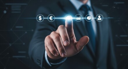 Fototapeta premium Businessman's Hand Interacting with Futuristic Financial and Business Icons on Dark Digital Interface