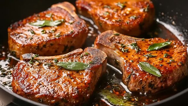 Roasted pork chops in a pan with herbs