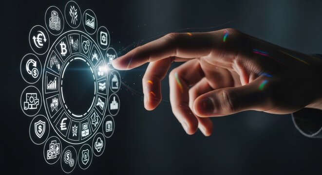 Finger interacts with glowing digital financial icons wheel, showcasing global currency and investment symbols.