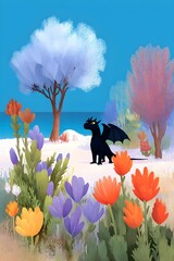 spring flowers in the garden with a dragon