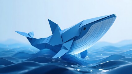 A vector illustration of blue origami paper boats and a bird sailing on a sea wave under the sky