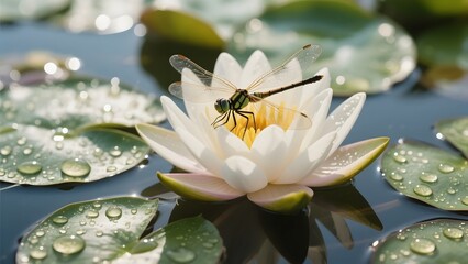 A single white water lily with its leaves blossoms beautifully on the peaceful pond in the summer garden