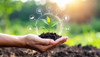 Fototapeta premium Holding New Growth: Concept of Environmental Stewardship, Sustainable Practices, and Circular Economy with Growing Plant in Hand