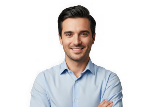 Smiling businessman portrait, confident professional man in blue shirt, headshot, business photo, isolated image isolated on transparent background
