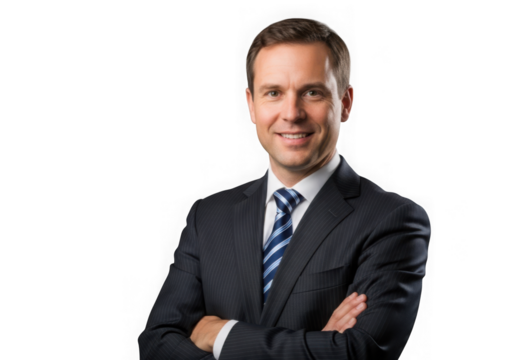 Professional businessman portrait smiling with arms crossed in dark suit and blue tie headshot stock photo image isolated on transparent background