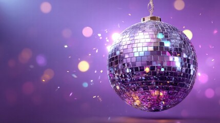 Obraz premium Shiny Disco Ball with Colorful Reflections – Retro Party Vibes on Purple Background