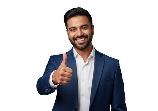 Smiling indian businessman in suit giving thumbs up gesture stock photo, business concept, isolated on transparent background