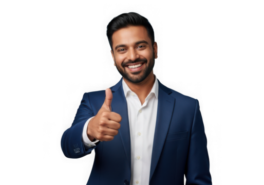Smiling indian businessman in suit giving thumbs up gesture stock photo, business concept, isolated on transparent background