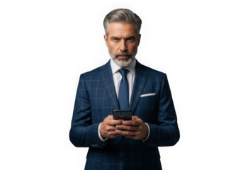 Professional businessman in suit using mobile phone stock photo, mature man holding smartphone, isolated on transparent background