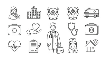 Fototapeta premium Set of medical and healthcare line icons featuring a doctor, nurse, hospital, and emergency symbols for professional use.