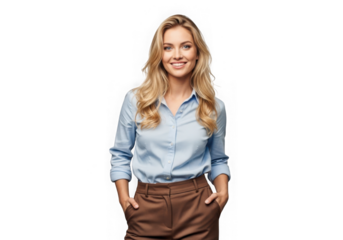 Smiling businesswoman blonde hair blue shirt brown pants hands in pockets portrait stock photo isolated on transparent background