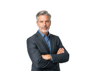 Mature businessman with gray hair, arms crossed, wearing a suit - stock photo, portrait, isolated on transparent background