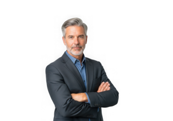 Mature businessman with gray hair, arms crossed, wearing a suit - stock photo, portrait, isolated on transparent background
