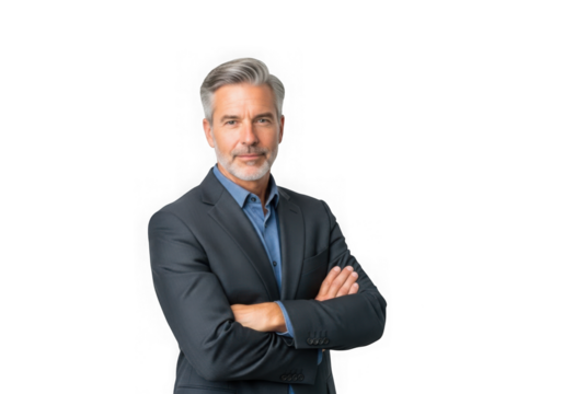Mature businessman with gray hair, arms crossed, wearing a suit - stock photo, portrait, isolated on transparent background - Powered by Adobe