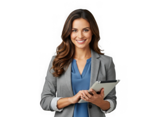 Smiling businesswoman holding tablet device, professional corporate portrait, digital technology, isolated on transparent background