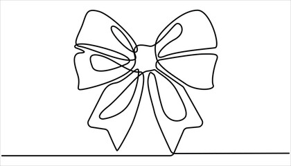  Gift ribbon bow continuous one line drawing vector illustration. Decorative ribbon bow in continuous line art drawing style, Ribbon bow with knot illustration. 