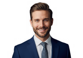 Professional headshot of smiling businessman in blue suit and tie, portrait for business profile or website isolated on transparent background