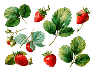Vibrant red strawberries and lush green leaves on a transparent background.  Perfect for design elements, PNG