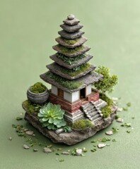 Miniature Zen Garden Temple Diorama 8k Papercraft Serene Mossy Stone Pagoda Tranquil Green Background Intricate Details Relaxing Atmosphere