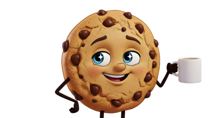 Sweeten your day with a chocolate chip cookie character holding a mug of coffee or milk