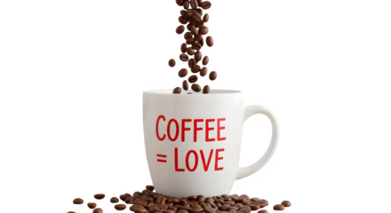 Indulge in aromatic coffee beans cascading into a charming mug, love in every sip, morning bliss