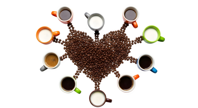 Inspiring coffee break with aromatic heart made of beans and colorful cups offering various drinks