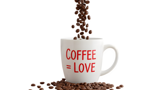 Indulge in aromatic coffee beans cascading into a charming mug, love in every sip, morning bliss