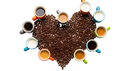 Artistic heart of coffee beans with espresso and milk drinks in colorful mugs creates warm inviting vibe