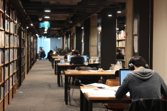 A coworking library in Seoul with quiet halls and organized desks Students and freelancers are focused on reading and typing with headphones on The mood is silent, Generative AI
