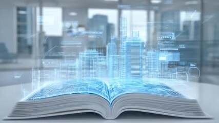 Futuristic City Blueprint Hologram Emerging From Book on a White Table in Bright Modern Office with Glass Walls and Cityscape in the Background - Powered by Adobe