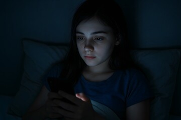 Teenage Girl in Pajamas Using Smartphone at Night for Social Media Entertainment