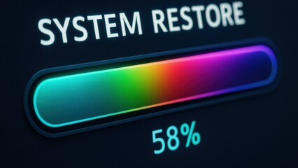 System restore process is underway with progress bar indicating 58% completion, showcasing vibrant color gradient