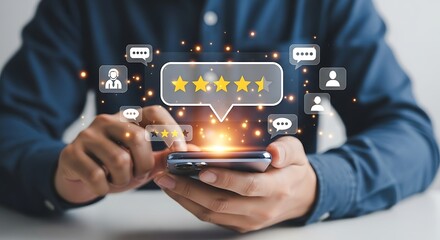 Customer reviews and ratings on a mobile phone with five star feedback and digital interface for online reputation management
