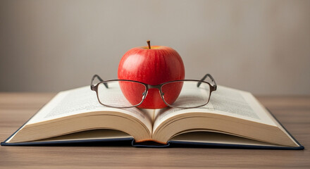 An open book with an apple and glasses on top, symbolizing knowledge, education, and the pursuit of learning in a school or library setting