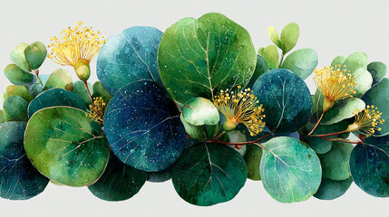 Watercolor Eucalyptus Wreath with Round Green Leaves on White Background