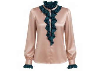 Beige silk blouse with teal ruffled collar and cuffs, embodying elegant design for professional and social settings