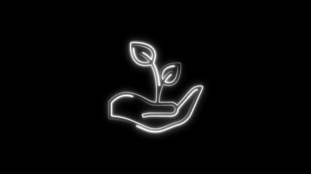 Glowing neon hand holding green tree icon isolated , tree save icon isolated .
